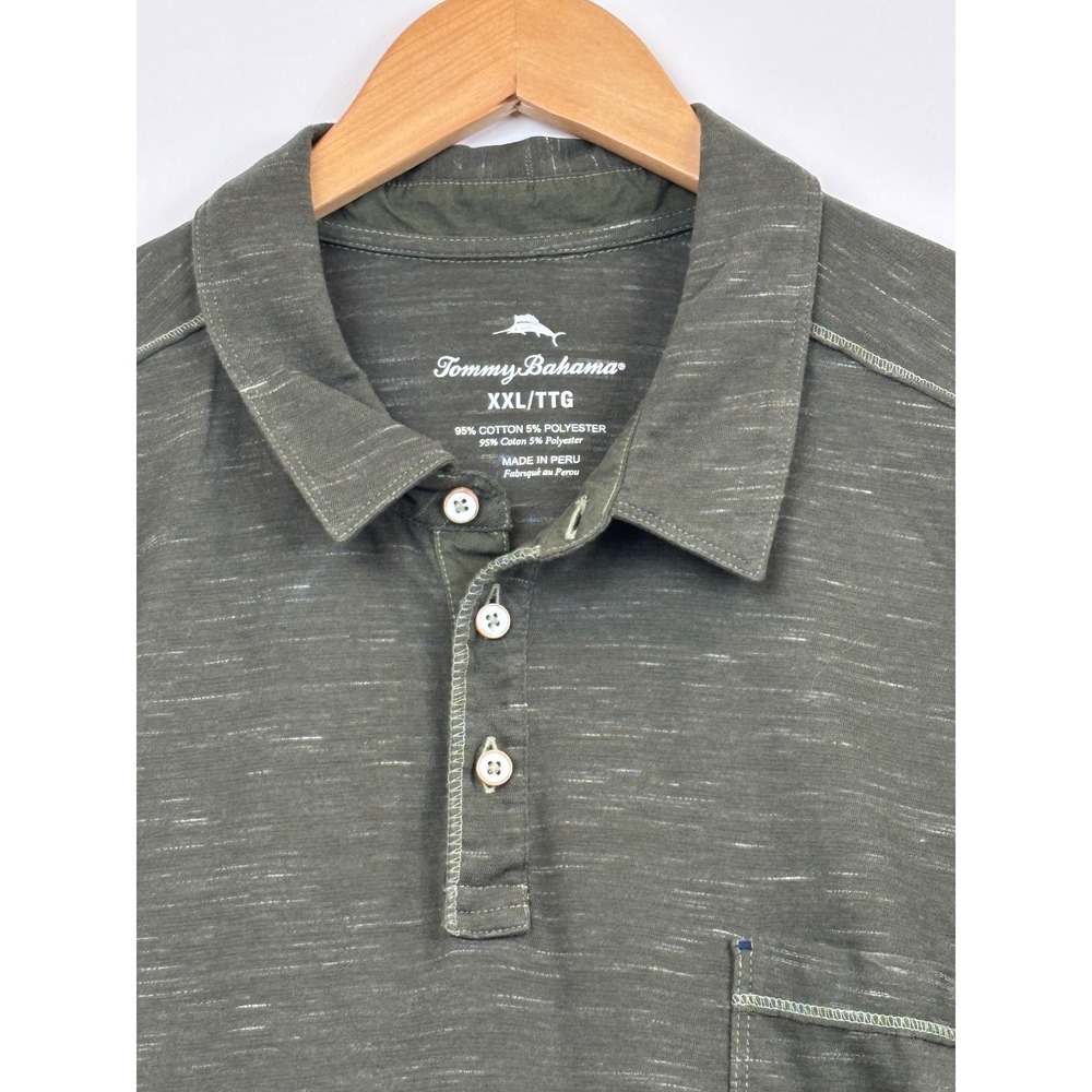 Tommy Bahama Mens XXL Polo Shirt Olive Green Slub Knit Short Sleeve Pocket Marl